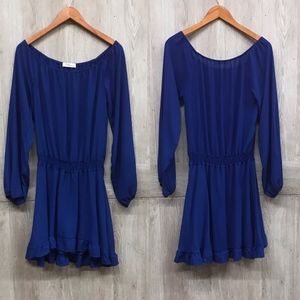 Blue Long Sleeve Ruffle Midi Dress BB87